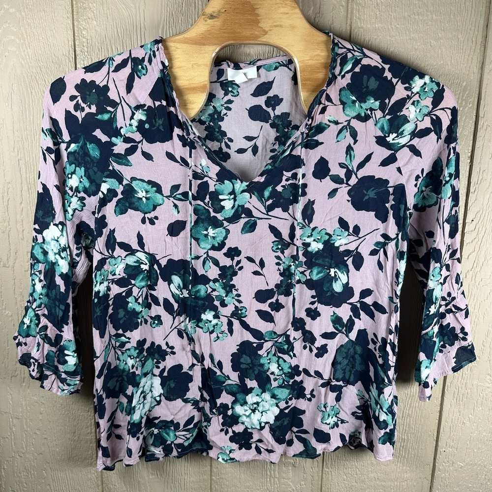 J. Jill Rayon Tunic 3/4 Bell Sleeve Floral Tunic Blouse Sz XL Purple Blue Floral